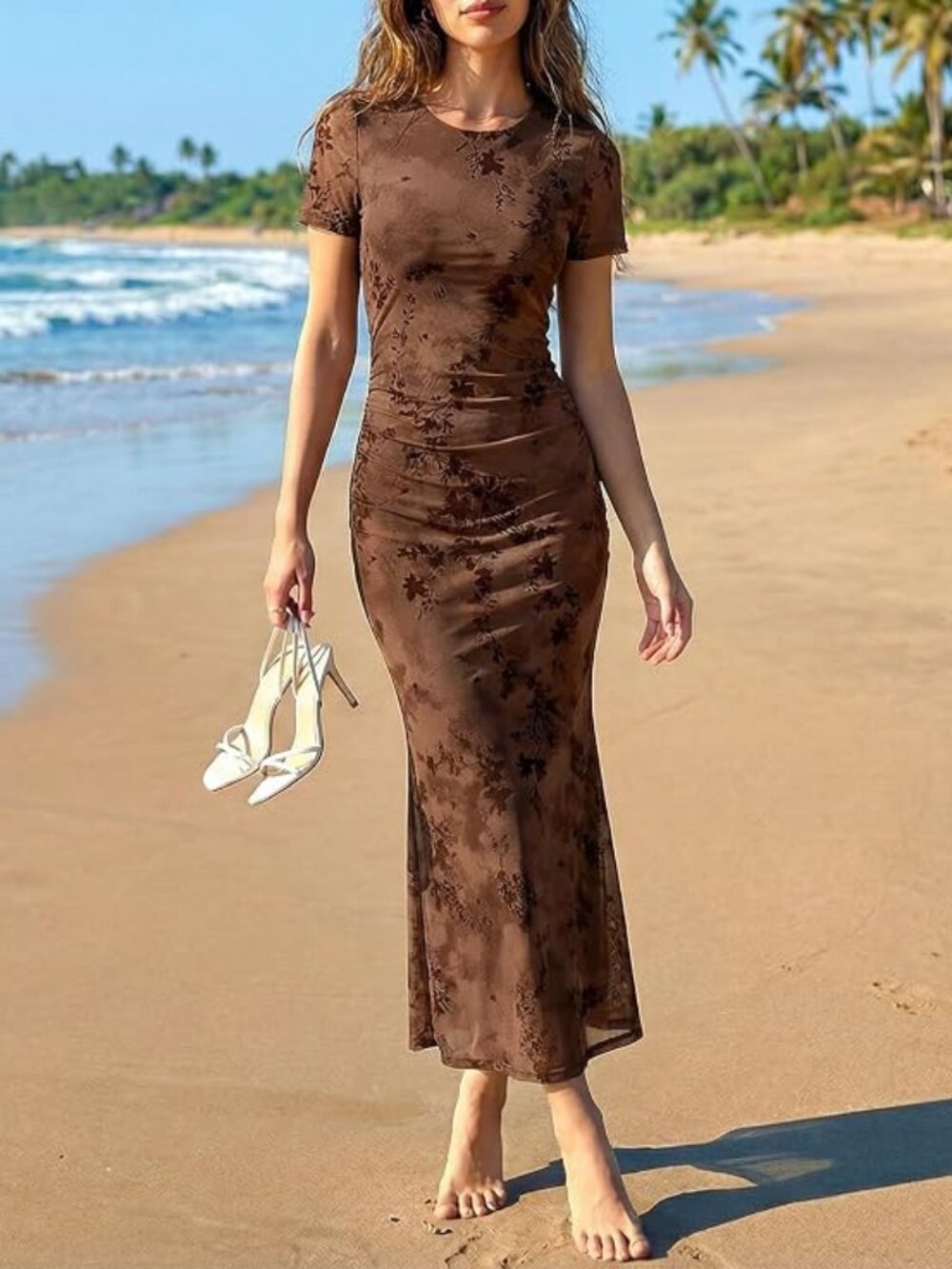 Women Summer 2026 Floral Short Sleeve Bodycon Mesh Maxi Formal Dres